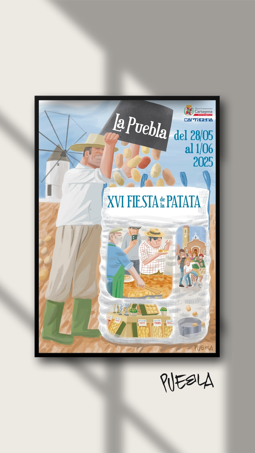 Cartel de la XVI fiesta de la patat de La Puebla creado por el dibujante Puebla